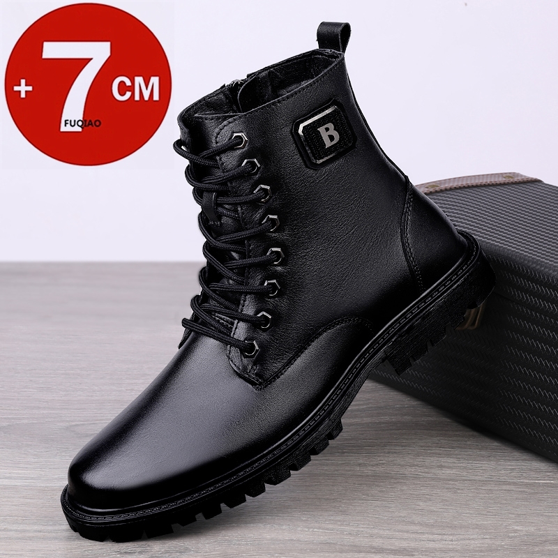 Men Shoes Formal - รองเท้าบูทหนังแท้ผู้ชาย บุขนอุ่นสำหรับฤดูหนาว แบบซิปขึ้นข้อเท้า เพิ่มความสูงแบบซ่อน 7 ซม.