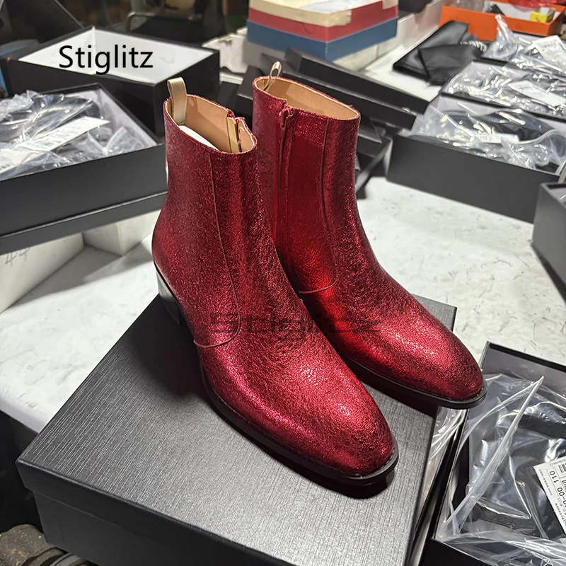 Men Shoes For Wedding - สีแดงของแท้หนังเชลซีรองเท้าสําหรับชาย Pointed Toe ข้อเท้ารองเท้าสไตล์อังกฤษ Med Heel