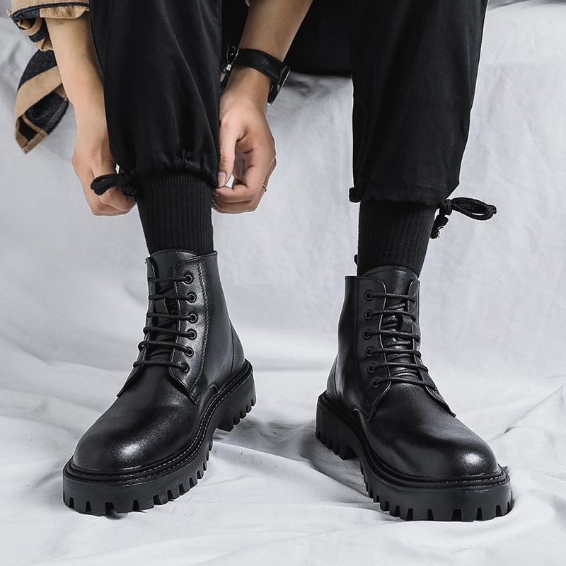 Men'S Shoes With Height Increase - รองเท้าบูทหนังหุ้มข้อผู้ชาย สไตล์อังกฤษ แฟชั่นย้อนยุค พื้นหนา เพิ่มความสูง รองเท้าบูทหุ้มข้อสำหรับฤดูใบไม้ผลิและฤดูใบไม้ร่วง