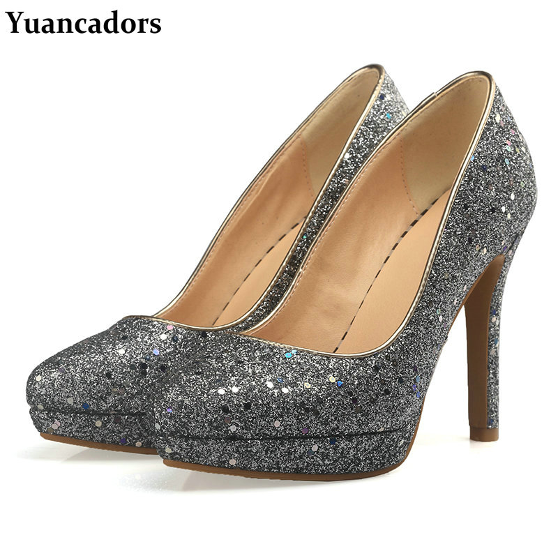 Men Shoes For Wedding - รองเท้าส้นสูงปลายแหลมสีน้ำเงินกรมท่า สีเขียว สีเงิน ประดับเลื่อมวิบวับ สำหรับผู้หญิง สไตล์ส้นเข็ม