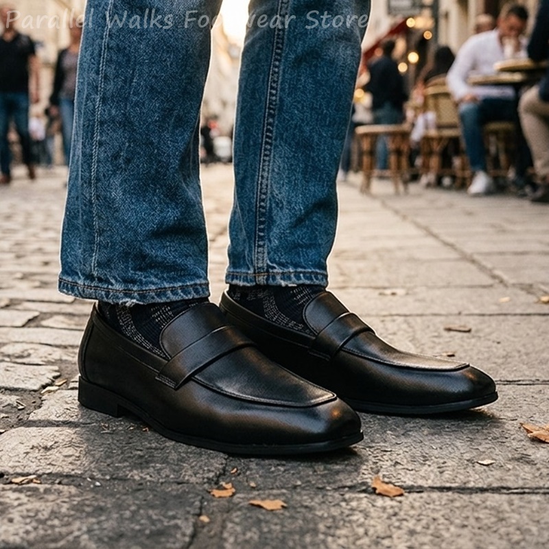 Men Shoes Formal - รองเท้าหนังสีดำสำหรับผู้ชาย แบบสวม หัวปิด ทรงเพนนีโลฟเฟอร์ เหมาะสำหรับใส่ทำงาน ใส่ลำลอง