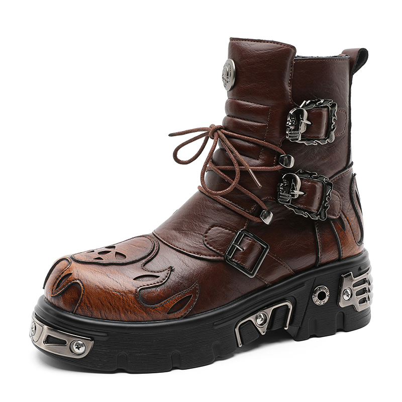 Men'S Shoes With Height Increase - รองเท้าบูทมอเตอร์ไซค์สไตล์พังก์เรโทรเท่ๆ ลายหัวกะโหลกและเปลวไฟ แบบปรับแต่งได้สำหรับผู้ชาย พื้นหนา เพิ่มความสูง สำหรับใส่เดินเล่นบนถนน