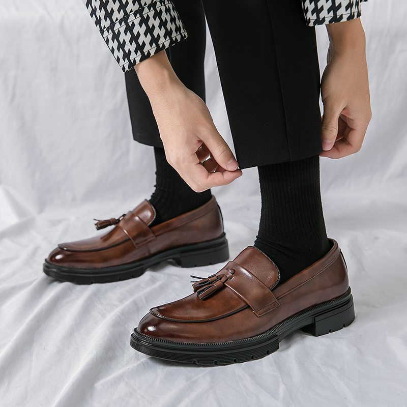 Men'S Shoes Drivers - รองเท้าโลฟเฟอร์หนังแท้คุณภาพสูงสำหรับผู้ชาย ส้นเตี้ย พื้นหนา ปลายแหลม แบบมีพู่ห้อย สวมใส่สบาย