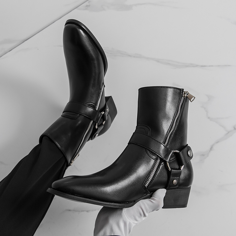 Men Shoes Boss - ฤดูใบไม้ร่วงแฟชั่นแบรนด์ผู้ชายBreathableรองเท้าคาวบอยกลางแจ้งคลาสสิกสีดําผู้ชายสบายซิปด้านข้างPointed High Topรองเท้าหนัง