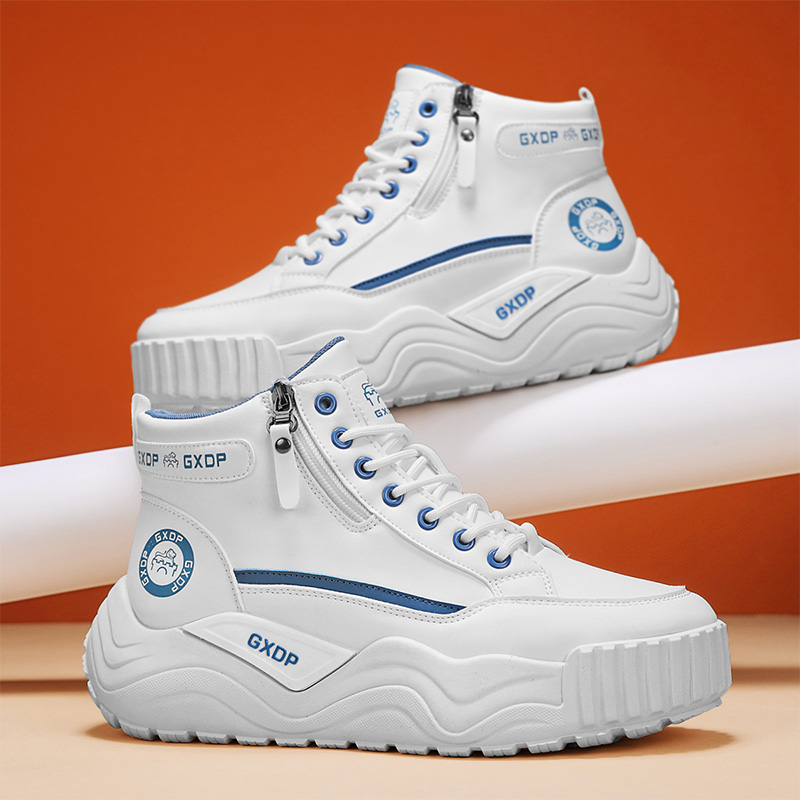 Men'S Shoes With Height Increase - รองเท้าเพิ่มความสูงกันลื่นสำหรับผู้ชาย รองเท้าผ้าใบหนังสีขาวทรงหุ้มข้อ พื้นหนา ทนทานต่อการสึกหรอ ใช้งานได้หลากหลาย เหมาะสำหรับใส่ลำลองและเล่นกีฬา