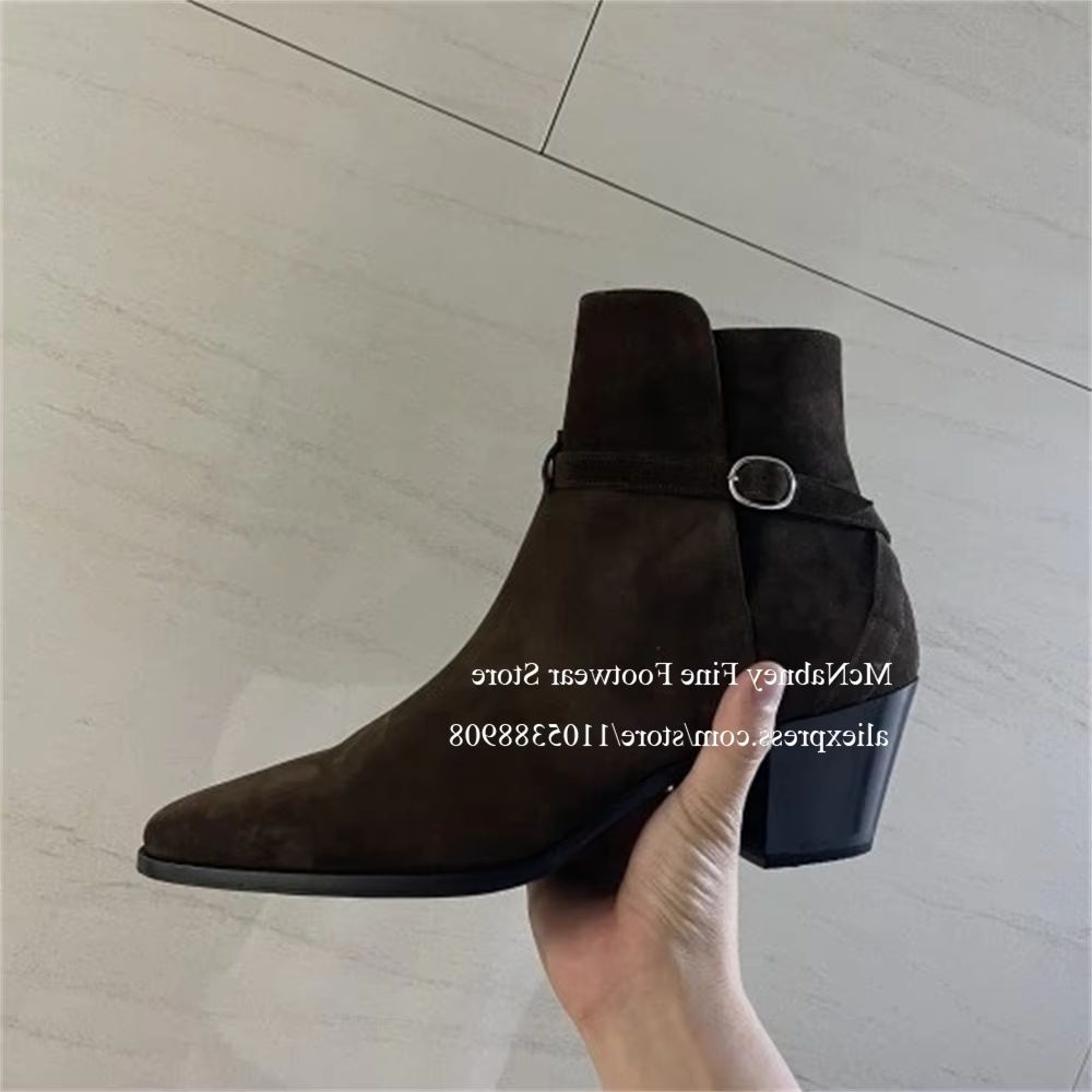 Men Shoes Formal - รองเท้าบูทเชลซีผู้ชายสีดำหรูหรา สายรัดหัวเข็มขัด หัวแหลม ส้นกลาง รองเท้าบูทข้อเท้า รองเท้าทางการสำหรับสุภาพบุรุษ