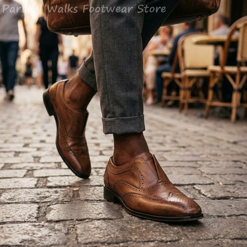 Men Shoes Oxford - รองเท้าหนังสีน้ำตาลแบบสวมสำหรับผู้ชาย แบบมีรูระบายอากาศ แบบ Wingtip สำหรับงานเลี้ยงตอนเย็น รองเท้าออกซ์ฟอร์ด